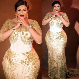 2023 Arabisch Aso Ebi Gold Mermaid Prom jurk Gerecht lovertjes Lace Evening Formeel feest tweede receptie verjaardag verlovingsjurken jurken jurken robe de soiree
