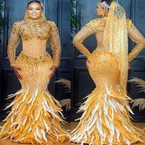 2023 Arabische Aso Ebi Gold Mermaid Prom Dresses kristallen avond formeel feest tweede receptie verjaardag verlovingsjurken jurk zj911