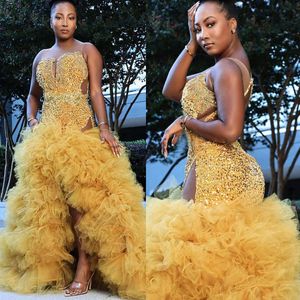 2023 Arabisch Aso Ebi Gold Mermaid Prom Dresses Lace Badless Evening Formeel feest tweede receptie verjaardag verlovingsjurken jurk zj3033