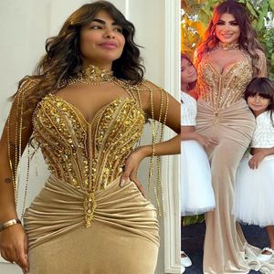2023 Arabische Aso Ebi Gold Mermaid Prom Dresses kristallen Sequins Evening Formele feest tweede receptie verjaardag verlovingsjurken jurk zj653