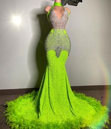 2023 Arabische Aso Ebi Green Mermaid Prom Dress kristallen kralen veren avond formeel feest tweede receptie verjaardag verlovingsjurken jurken jurken gewaad de soiree