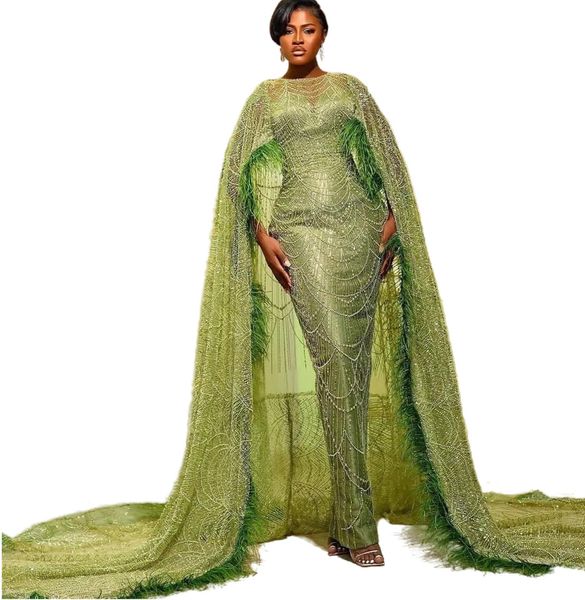 2023 arabe Aso Ebi vert sirène robe de bal paillettes dentelle robes de soirée plume anniversaire fiançailles deuxième robe robe femmes vêtements de cérémonie WD049