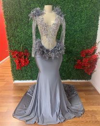 2023 Arabisch Aso Ebi Gray Mermaid Prom Dresses Feather Beaded Cristals Evening Formele feest tweede receptie verjaardag verlovingsjurken jurk zj0055