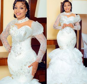 2023 Arabische Aso Ebi Ivory Mermaid Wedding Jurk Luxe kristallen Peads Sequins Bruidsjurken Jurken jurken ZJ155