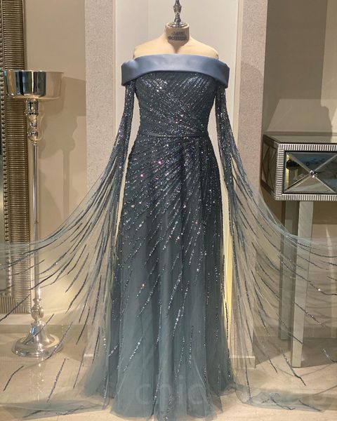 2023 Árabe Aso Ebi Lujosos vestidos de fiesta grises Lentejuelas con cuentas Una línea de noche Fiesta formal Segunda recepción Cumpleaños Vestidos de compromiso Vestido ZJ404