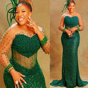 2023 Arabisch Aso Ebi Luxe Mermaid Prom Dresses Pearls Crystals Evening Formele feest tweede receptie verjaardag verlovingsjurken jurk zj505