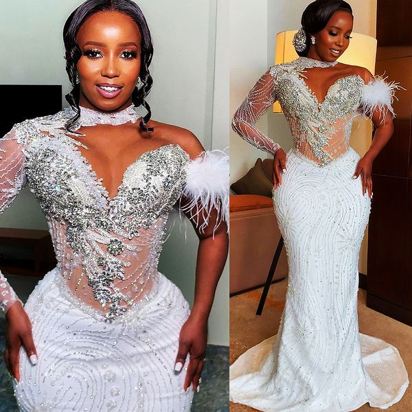 2023 Arabe Aso Ebi Luxueux Robe De Mariée Sirène Dentelle Perles Cristaux Robes De Mariée Sexy Robes ZJ099