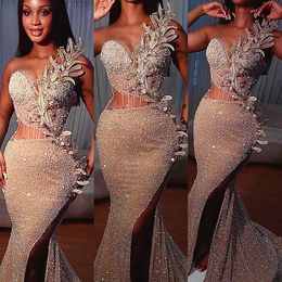 2023 Arabische Aso Ebi Mermaid Champagne Prom Dresses kristallen avond formeel feest tweede receptie verjaardag verlovingsjurken jurk zj478