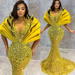 2023 Arabische Aso Ebi Mermaid Gold Prom Dresses kristallen sexy avond formeel feest tweede receptie verjaardag verlovingsjurken jurk zj607