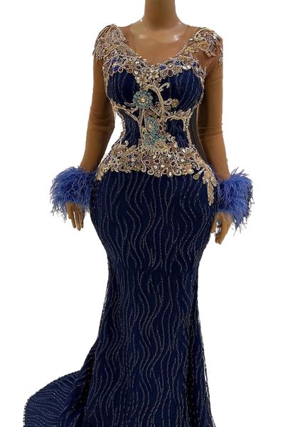 2023 Arabe Aso Ebi Sirène Luxueux Robes De Bal Cristaux De Perles Bleu Marine Soirée Formelle Deuxième Réception Anniversaire Robes De Fiançailles Robe ZJ843