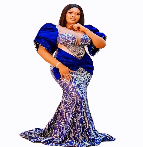 2023 arabe Aso Ebi sirène bleu royal robe de bal perlée robes de soirée paillettes dentelle anniversaire fiançailles deuxième robe robe femmes vêtements de cérémonie WD009