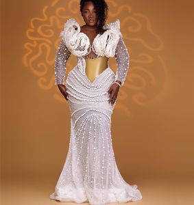 2023 arabe Aso Ebi sirène robe de mariée blanche perles luxueuses paillettes dentelle robes de mariée robes ZJ3030
