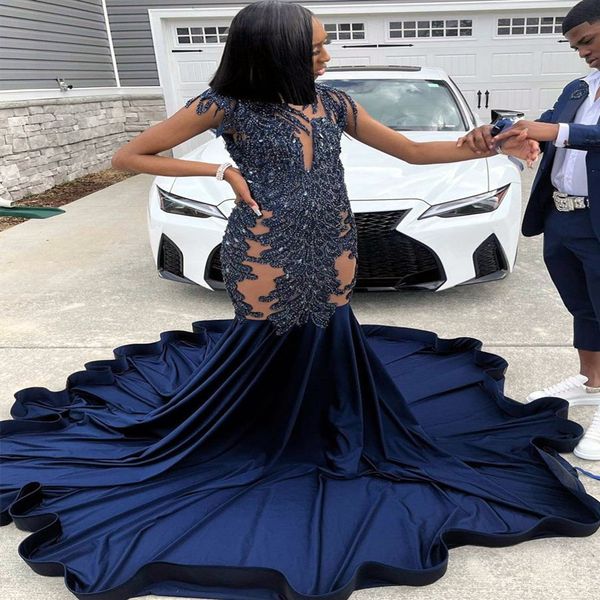 2023 Arabe Aso Ebi Bleu Marine Robe De Bal Dentelle Perlée Sirène Soirée Formelle Partie Deuxième Réception Anniversaire Robes De Fiançailles Robe Robe De Soirée ZJ0336