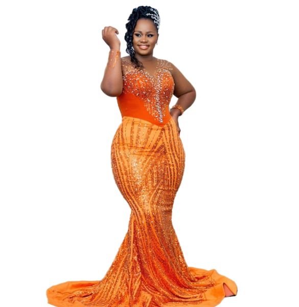 2023 arabe Aso Ebi Orange sirène robe de bal paillettes dentelle robes de soirée perles cristaux anniversaire fiançailles deuxième robe robe femmes vêtements de cérémonie WD027