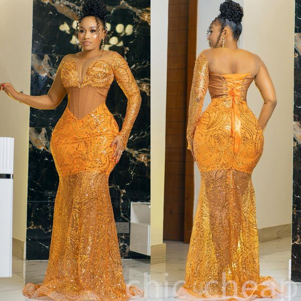 2023 Arabe Aso Ebi Orange Sirène Robes De Bal Paillettes Dentelle Sexy Soirée Formelle Deuxième Réception Anniversaire Robes De Fiançailles Robe ZJ202