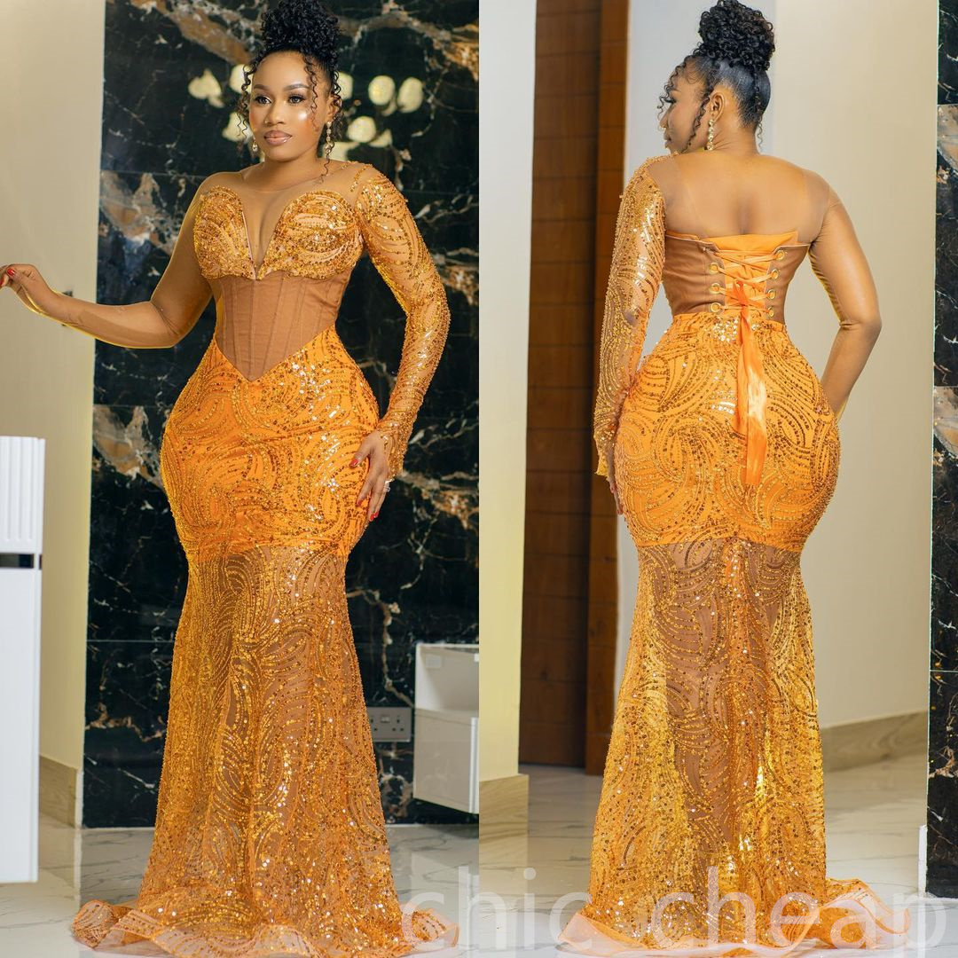 2023 Arabic Aso ebi Orange Rermaid Promples Promes Sequined Creend Sexy Evening Formal Party Second Prespeption Gritleding Growns платья ZJ202