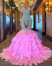 2023 árabe Aso Ebi rosa sirena vestidos de baile cristales moldeados noche sexy fiesta formal segunda recepción cumpleaños vestidos de compromiso vestido ZJ3222