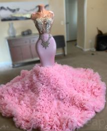 2023 Arabe Aso Ebi Rose Sirène Robes De Bal Perles Cristaux Soirée Formelle Partie Deuxième Réception Anniversaire Robes De Fiançailles Robes De Noche Femme Robes