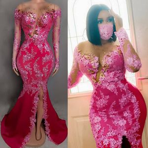 2023 Arabe Aso Ebi Robes De Bal Fuchsia Luxueux Sirène Manches Longues Chic Tulle Africain Nigéria Dentelle Soirée Formelle Deuxième Réception Robe De Soirée ST516