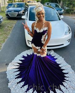 2023 Arabe Aso Ebi Violet Sirène Robe De Bal Dentelle Velours Soirée Formelle Partie Deuxième Réception Anniversaire Robes De Fiançailles Robes Robe De Soirée ZJ3429