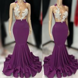 2023 Arabisch Aso Ebi Purple Mermaid Prom Dresses Lace kralen sexy avond formeel feest tweede receptie verjaardag verloving bruidsmeisje jurken jurk zj275