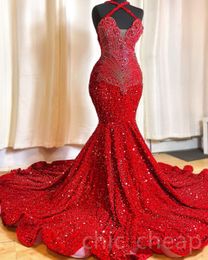 2023 Arabische Aso Ebi Red Mermaid Prom jurk kristallen kralen sexy avond formeel feest tweede receptie verjaardag verlovingsjurken jurken robe de soiree zj2488
