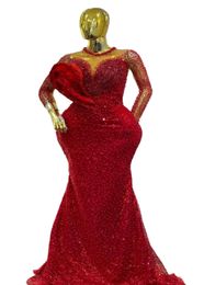 2023 Арабский Aso Ebi Красное платье русалки для выпускного вечера Вечерние платья из бисера с блестками и кружевом на день рождения Второе платье для помолвки Платье для женщин Торжественная одежда WD003