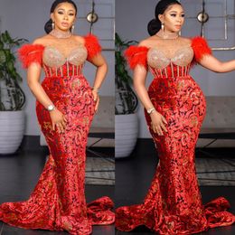 2023 Arabische Aso Ebi Red Mermaid Prom Dresses kristallen kralen veren avond formeel feest tweede receptie verjaardag verlovingsjurken jurk zj187