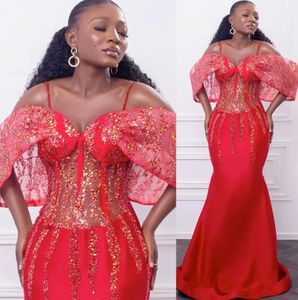 2023 Arabisch Aso Ebi Red Mermaid Prom Dresses Lover Soundined Beaded Evening Formele feest tweede receptie verjaardagsbetrokkenheid bruidsmeisje