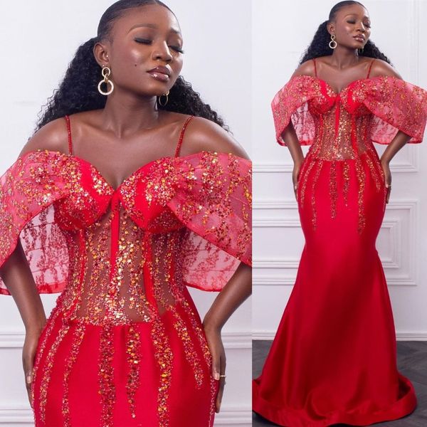 2023 arabe aso ebi sirène rouge robes de bal paillettes de soirée perle du soir deuxième réception anniversaire fiançailles demoiselle BRIDES GC110 2908