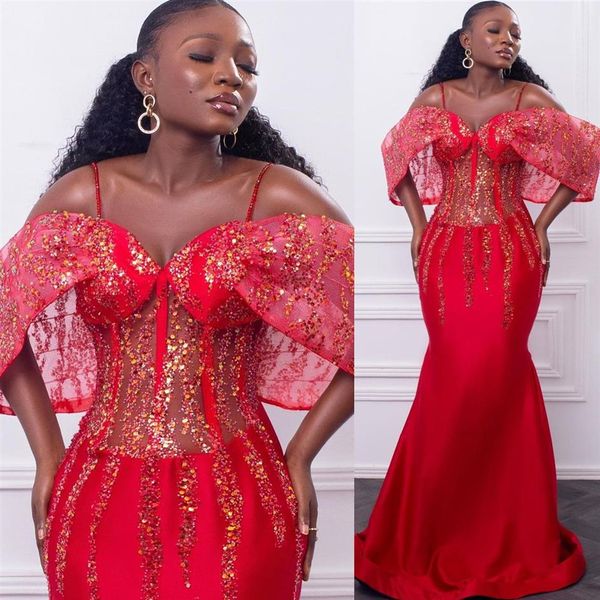 2023 Arabe Aso Ebi Rouge Sirène Robes De Bal Paillettes Perlées Soirée Formelle Deuxième Réception Anniversaire Fiançailles Demoiselle D'honneur 2603