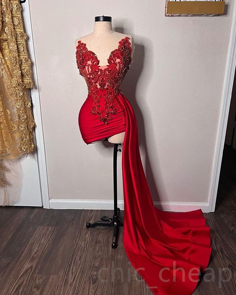 2023 Arabe Aso Ebi Rouge Robes De Bal Courtes Dentelle Perlée Sexy Soirée Formelle Deuxième Réception Anniversaire Fiançailles Demoiselle D'honneur Robes De Noche Femme Robes Robes