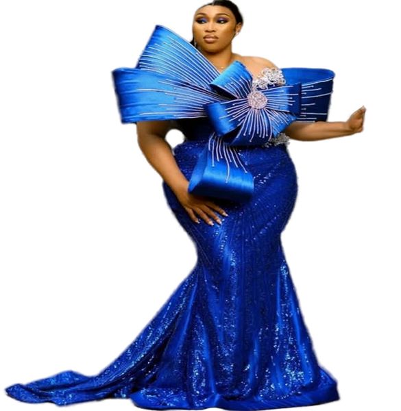 2023 Árabe Aso Ebi Royal Blue Sirena Vestido de fiesta Cristales con cuentas Vestidos de noche Cuello transparente Compromiso de cumpleaños Segundo vestido Vestido Mujer Ropa formal WD046