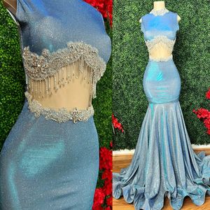 2023 Arabische Aso Ebi Silver Mermaid Prom Dresses kristallen sexy avond formeel feest tweede receptie verjaardag verlovingsjurken jurk zj60432