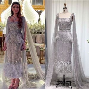 2023 Arabisch Aso Ebi Silver Sheath Prom Dresses Lace Beed Feather Evening Formeel feest tweede receptie verjaardag verlovingsjurken jurk zj2020