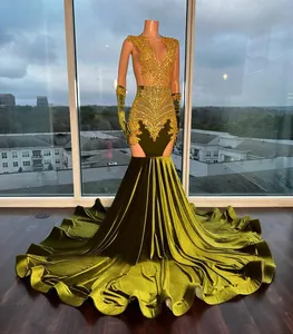 2023 Arabische Aso Ebi Velvet Mermaid Prom Dresses kristallen luxueuze avond formeel feest tweede receptie verjaardag verlovingsjurken jurk zj277