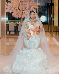 2023 árabe Aso Ebi sirena blanca vestidos de novia con tren desmontable gillter cristales con cuentas ilusión manga larga vestidos de novia