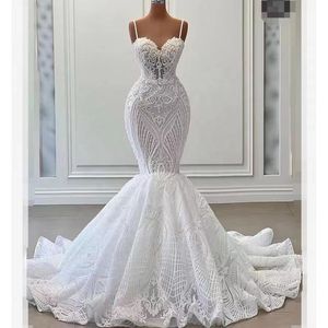 2023 Arabe Aso Ebi Blanc Sirène Robe De Mariée Cristaux Perlés Dentelle Robes Chérie Bling Perlé Appliques Paillettes Robe De Mariée Dos Nu Tulle Robe De Mariée