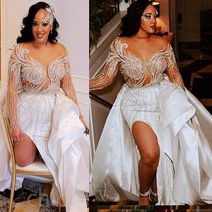 2023 arabe Aso Ebi blanc sirène robe de mariée dentelle perlée Satin détachable Train robes de mariée robes ZJ2014