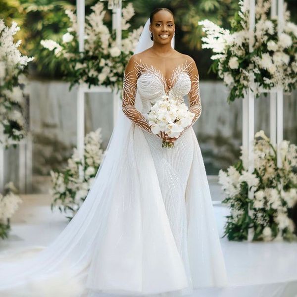 2023 arabe Aso Ebi blanc sirène robe de mariée perlée paillettes dentelle sexy superbe robes de mariée robes ZJ505