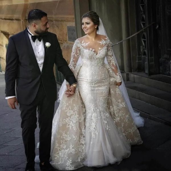 2023 Árabe Aso Ebi Vestido de novia de sirena blanca Vestidos desmontables Vestidos de novia de manga larga con cuello transparente impresionante y sexy