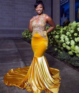 2023 arabe Aso Ebi jaune sirène robe de bal dentelle perlée velours soirée formelle fête deuxième réception anniversaire robes de fiançailles robes robe de soirée ZJ3243