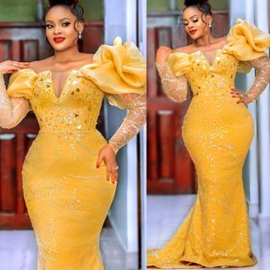 2023 Arabisch Aso Ebi Yellow Mermaid Prom Dresses kristallen kralen sexy avond formeel feest tweede receptie verjaardag verlovingsjurken jurk zj783