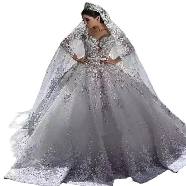 2023 Arabe Charme Une Ligne Robes De Mariée Illusion Pleine Dentelle Appliques Designer Cristal Perles Satin Manches Longues Chapelle Train 310h