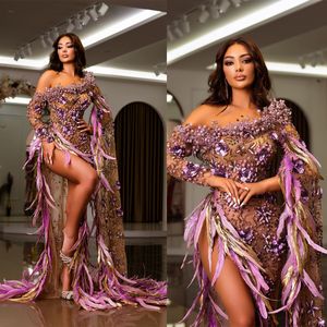 2023 Arabisch Dubai Celebrity Jurk Saudi Arabië Custom Made Parels Kralen Prom Jurken Roze Veer Avondjurken Robe De