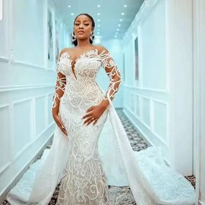 2023 Vestidos de novia de sirena elegantes árabes Vestidos de novia de manga larga Cuentas Apliques de encaje Vestido de matrimonio árabe nigeriano Robe De Mariee Princesa Vestidos de celebridades