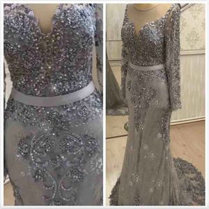 2023 Plata árabe Lujoso encaje con cuentas Madre de la novia Vestidos Sirena Mangas largas Madre del novio Vestidos Vestidos de fiesta de noche vintage