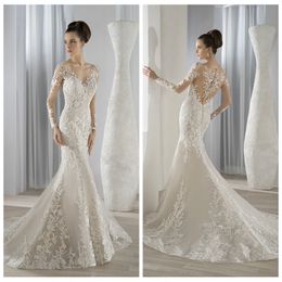 2023 Arabe White Mermaid Wedding Sexy Lace Appliques cristaux perles Illusion à manches longues Robes de mariée de jardin