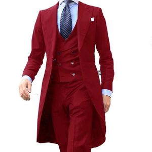 2023 Arrivel Long manteau conçoit chinois rouge hommes costume doux hommes smoking bal Blazer personnalisé 3 pièces veste gilet pantalon 240125