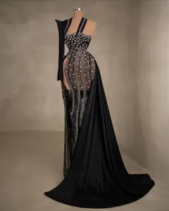 2023 Aso Ebi arabe noir sirène robe de bal perles cristaux sexy soirée formelle fête deuxième réception anniversaire robes de fiançailles robes robe de soirée ZJ32
